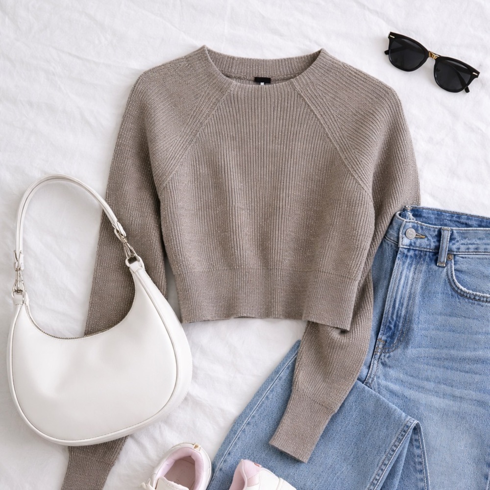 Free People Textured Beige Cropped Sweater